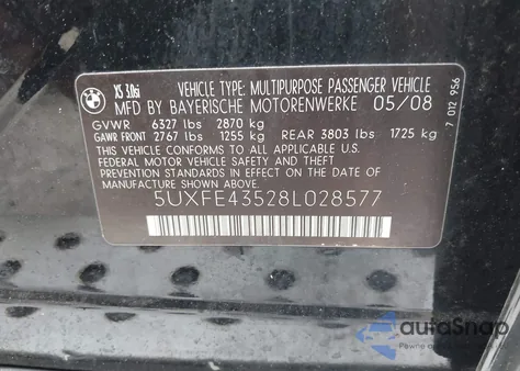 2008 BMW X5 3.0Si from USA, damaged, VIN 5UXFE43528L028577